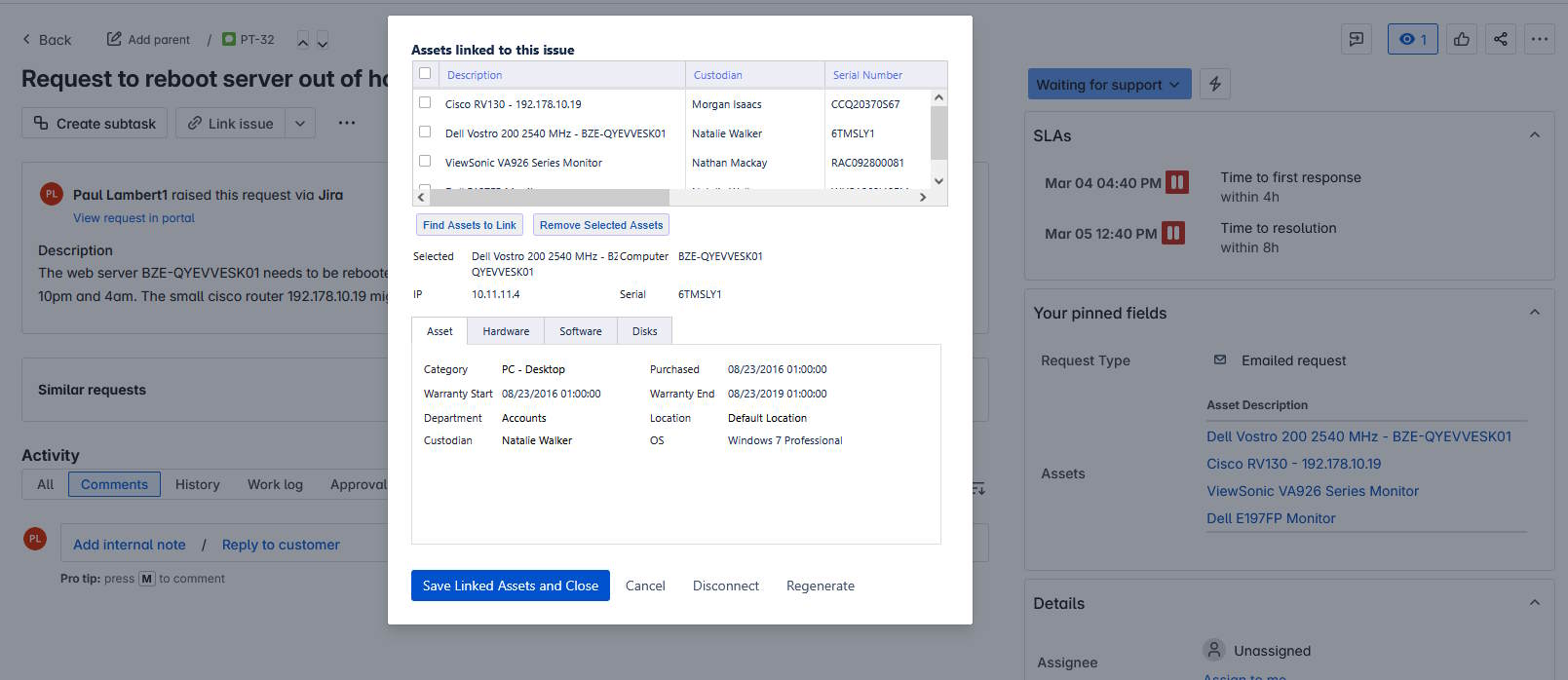 JIRA Ticket with an xAssets Asset Panel dialog box